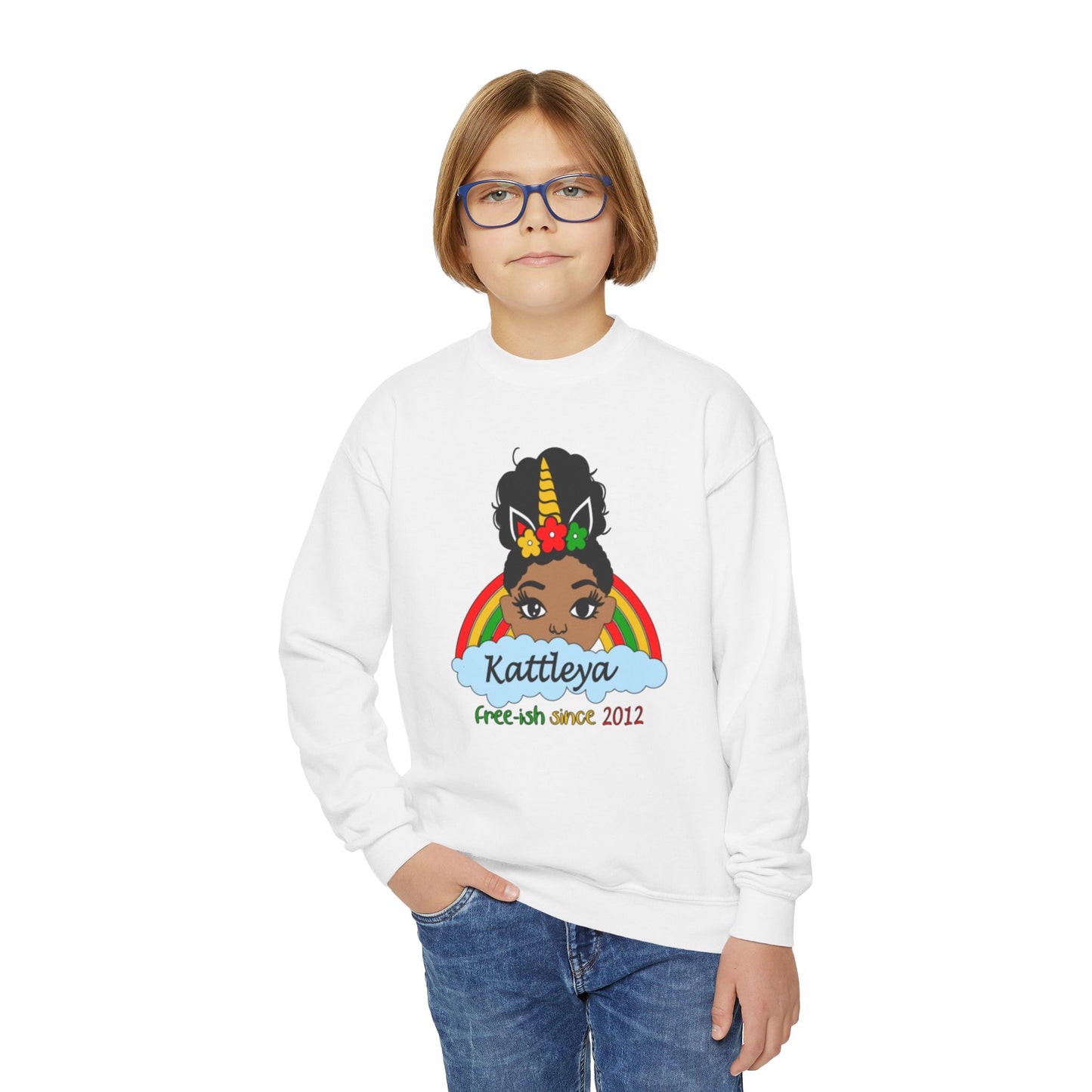 Youth Crewneck Sweatshirt - 'Free-ish Since' Rainbow Graphic