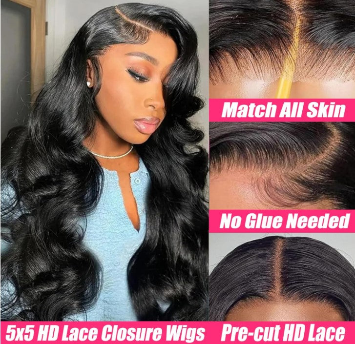 BeautyByTlo Glueless Wigs Human Hair Pre Plucked Pre Cut 5x5 HD Lace Closure Wigs Human Hair 26 Inch Wear and Go Body Wave Lace Front Wigs Human Hair for Black Women 180 Density Natural Black