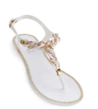 Rhinestone Chain Jelly Thong Sandals - White